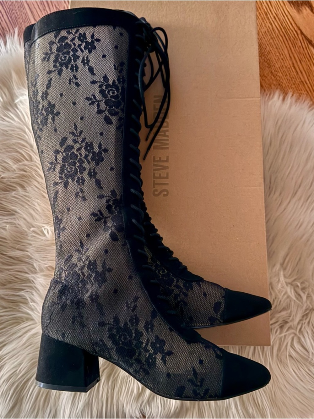 Steve Madden EBONY Black Floral Lace Knee-High Lace-Up Boots